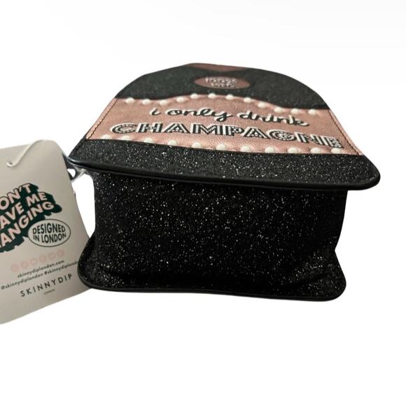 BLACK GLITTER & ROSE GOLD “I ONLY DRINK CHAMPAGNE” BOTTLE CROSSBODY PURSE NWOT - Picture 11 of 16